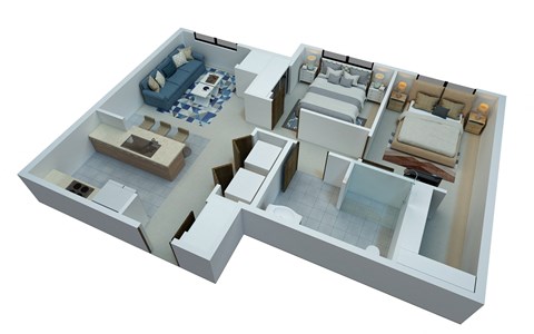 Floor plan for 2 beds, 1 bath, 883 sqft